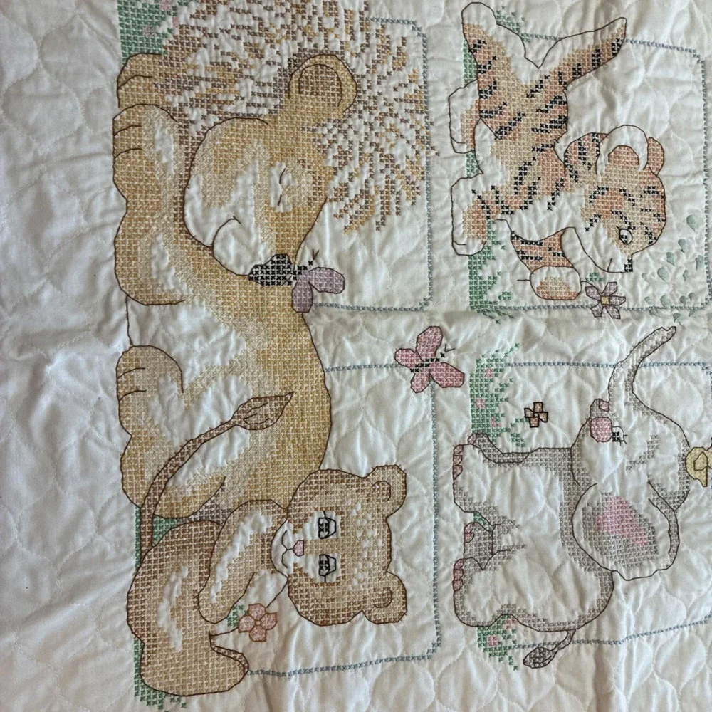 Cross Stitch Baby Quilt Baby Jungle Animals- Handmade 30.5